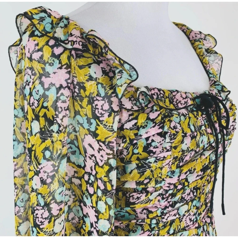 Free People Mabel Lace-Up Top XS Blouse Smocked Floral Bohemian Long Puff Sleeve